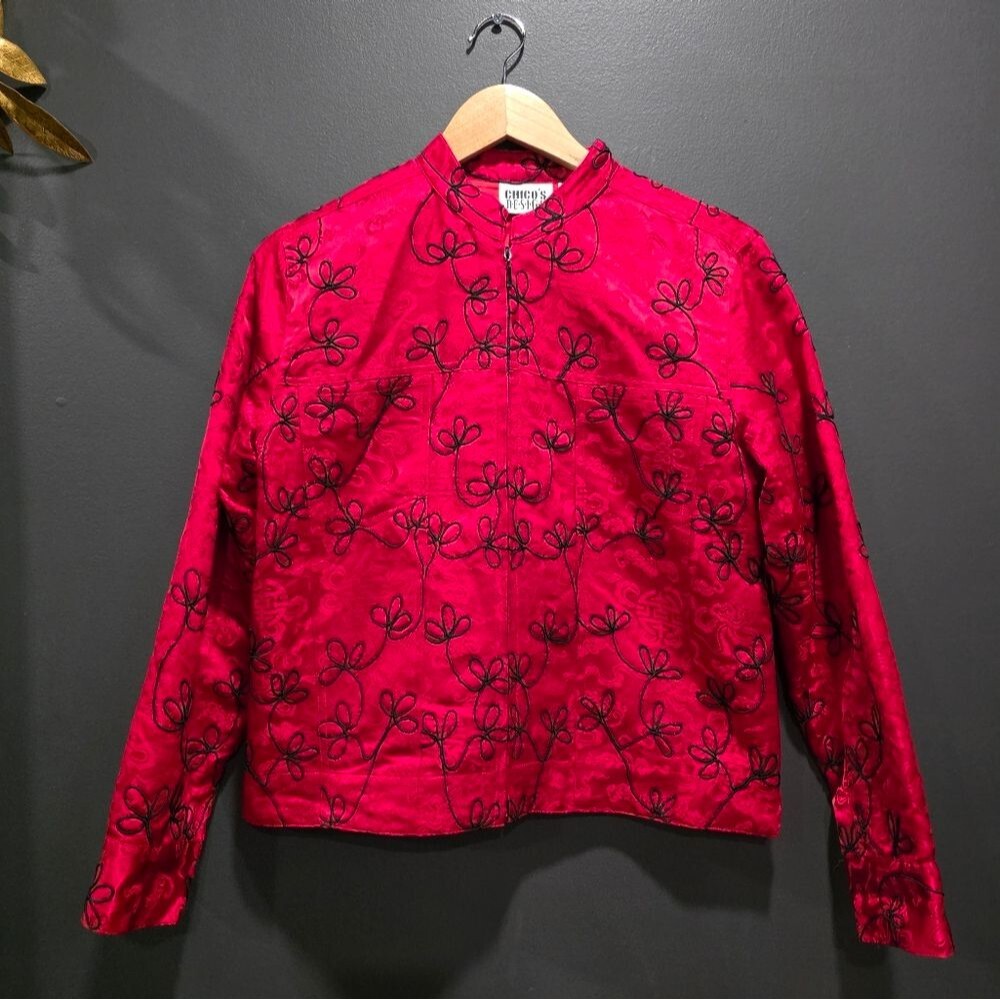 Silk Red Black Enbroidered Jacket Womens Full Zip Asian Inspired Chicos 0 Vtg